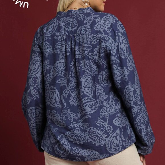 UMGEE Two Tone Abstract Print Blouse (New) - Navy - Picture 2 of 6